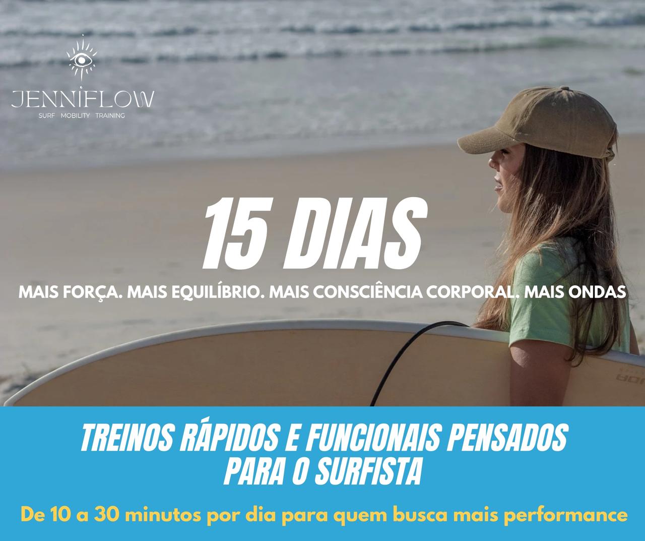 Capa do Surf em Flow com protocolo de 15 dias e treinos rápidos e funcionais para surfista
